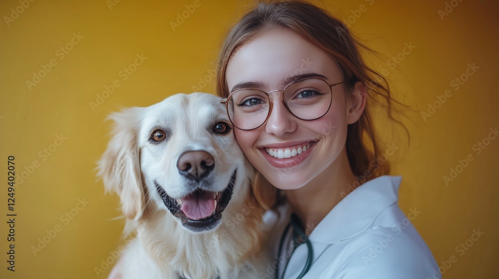 Young woman with glasses smiling alongside a golden retriever in front of a yellow background Young woman with glasses smiling alongside a golden retriever in front of a yellow background