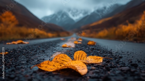A peaceful road lined with vibrant autumn leaves leading towards majestic mountains, conveying a sense of serenity and the beauty of nature in a crisp fall setting.