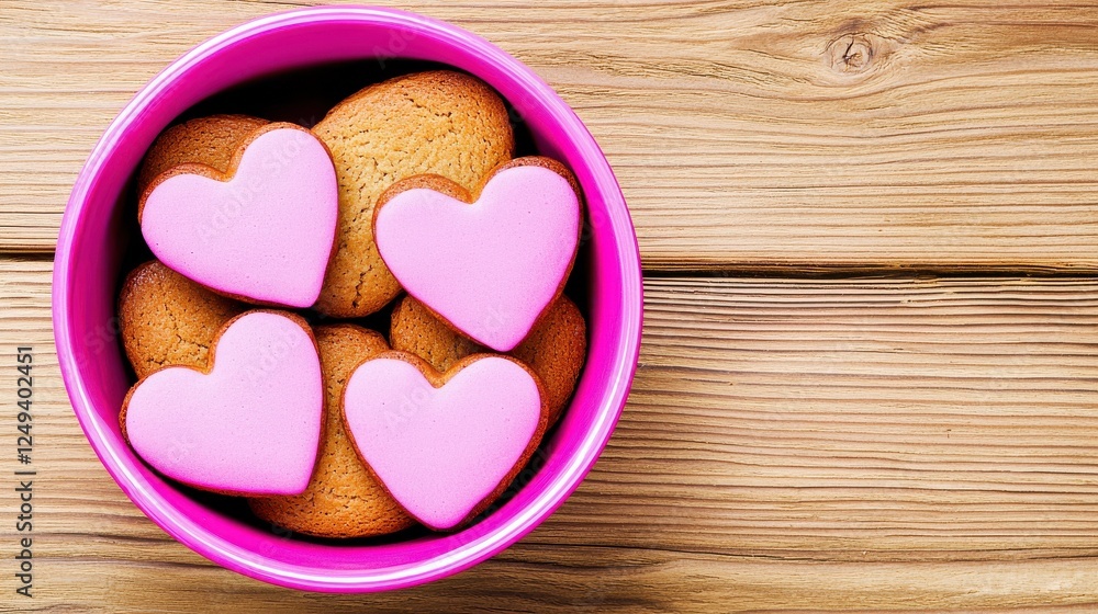 Obraz premium Heart-Shaped Pink Cookies in a Pink Bowl on Wooden Table