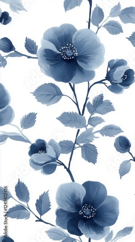 Beautiful blue floral wallpaper design inspired by nature with intricate deta...