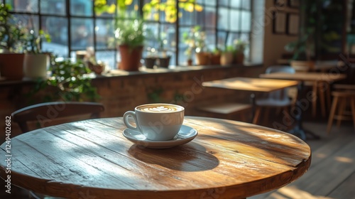 Cozy cafe scene with a cup of coffee on a wooden table in bright sunlight