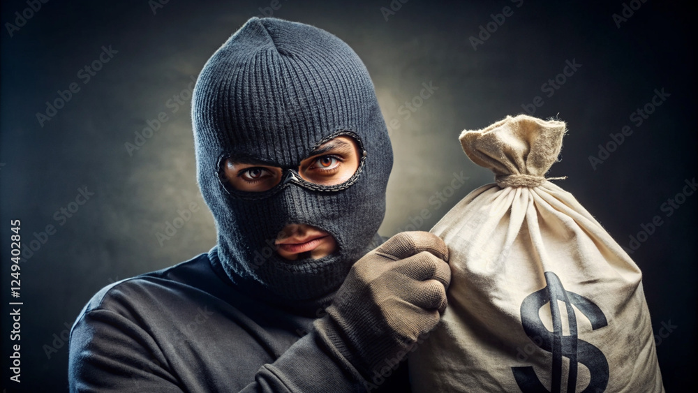Close-up of a masked thief gripping a money bag with an intense gaze. A dramatic crime scene evoking tension, secrecy, and danger, symbolizing financial crime, robbery, and the underworld. Close-up of a masked thief gripping a money bag with an intense gaze. A dramatic crime scene evoking tension, secrecy, and danger, symbolizing financial crime, robbery, and the underworld.