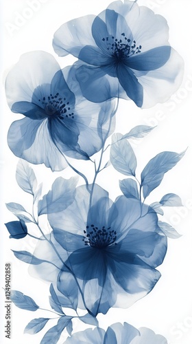 Blue floral design featuring translucent flowers on a white background