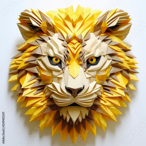 Yellow Origami Lion: 3D Paper Art of a Felino Leo in Vibrant Colors. Perfect Decoration for Japan Fans and Hobbyists photo