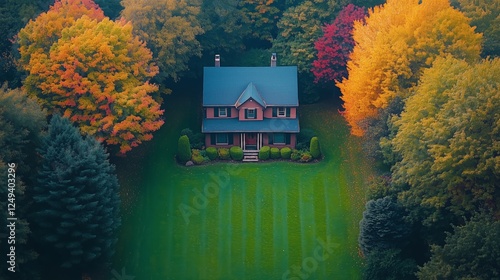 Cozy house surrounded by vibrant autumn trees in a serene landscape