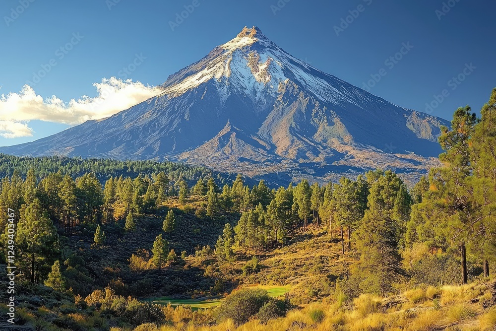 Fototapeta premium A majestic snow-capped volcano surrounded by lush greenery and pine trees under a clear sky.