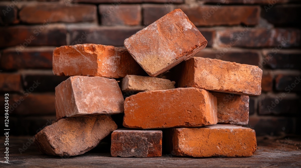 An artistic arrangement of bricks laid in a casual position on a rustic surface, showcasing their texture, colors, and geometric shapes in an aesthetically pleasing manner. An artistic arrangement of bricks laid in a casual position on a rustic surface, showcasing their texture, colors, and geometric shapes in an aesthetically pleasing manner.