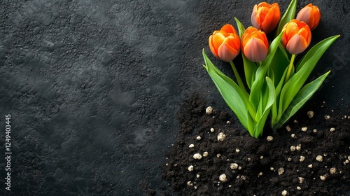 Bright orange tulips growing from dark soil on a textured surface in spring s...