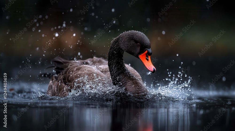Fototapeta premium An elegant black swan captured in motion with water droplets around it, emphasizing the beauty and fluidity of life in nature’s waterscape.