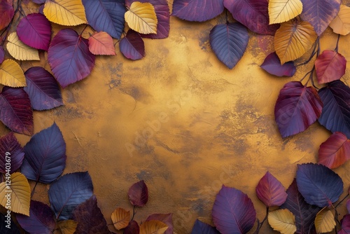 Colorful autumn leaves arranged on a golden background create a stunning deco...