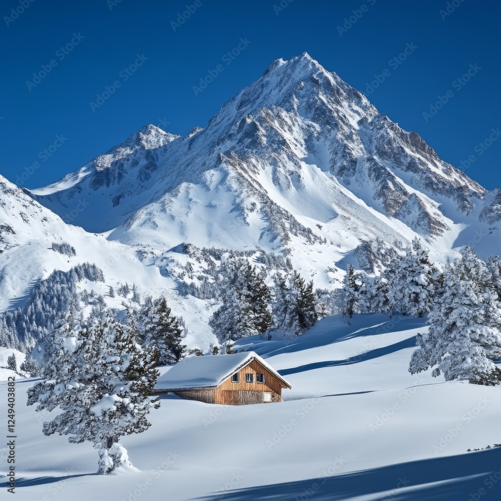 Fototapeta premium Snowy mountain cabin winter landscape; peaceful retreat