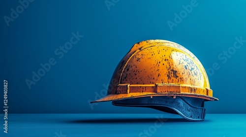 Well-used construction helmet on a blue background showcasing safety equipmen...