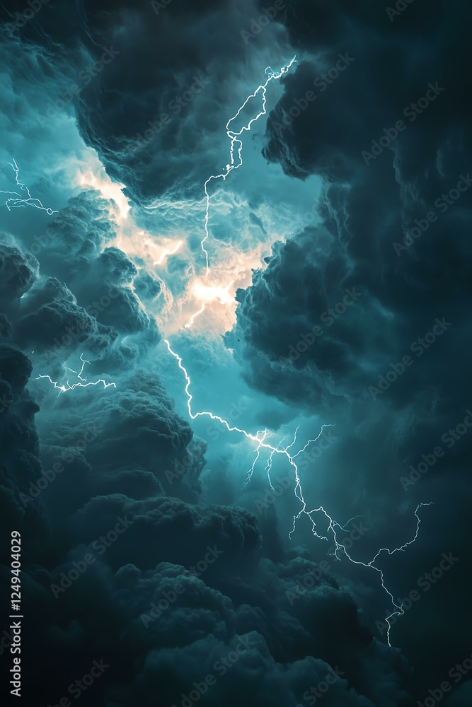 Fototapeta premium Dramatic storm clouds illuminated by bright lightning bolts.