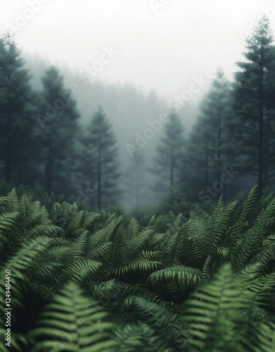 Lush ferns thrive in foggy forest landscape with towering trees and soft light