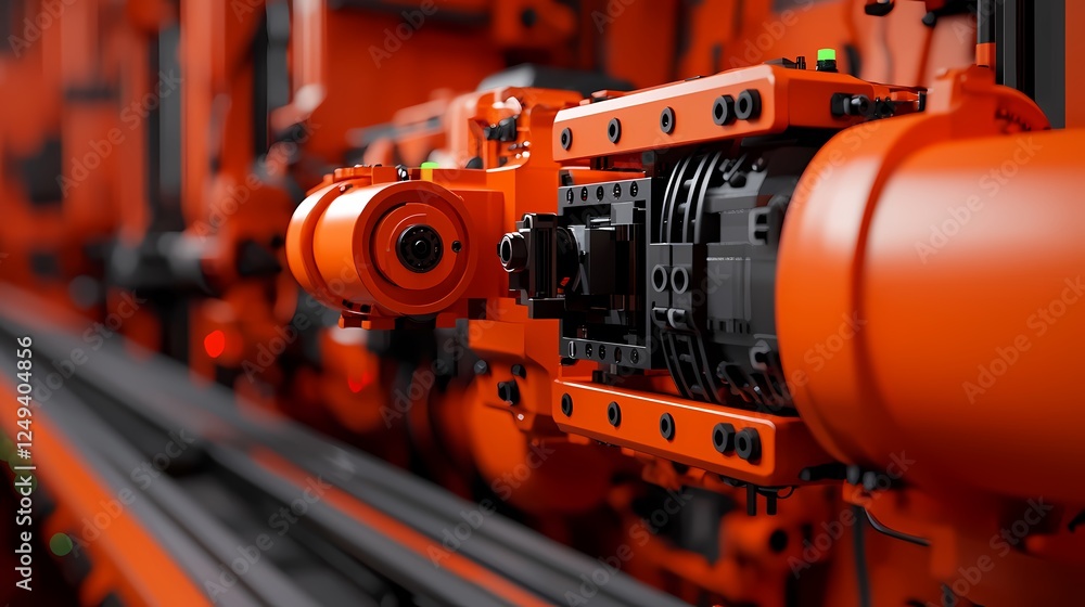 A close-up of an industrial machine component showcasing intricate design and vibrant orange color. A close-up of an industrial machine component showcasing intricate design and vibrant orange color.