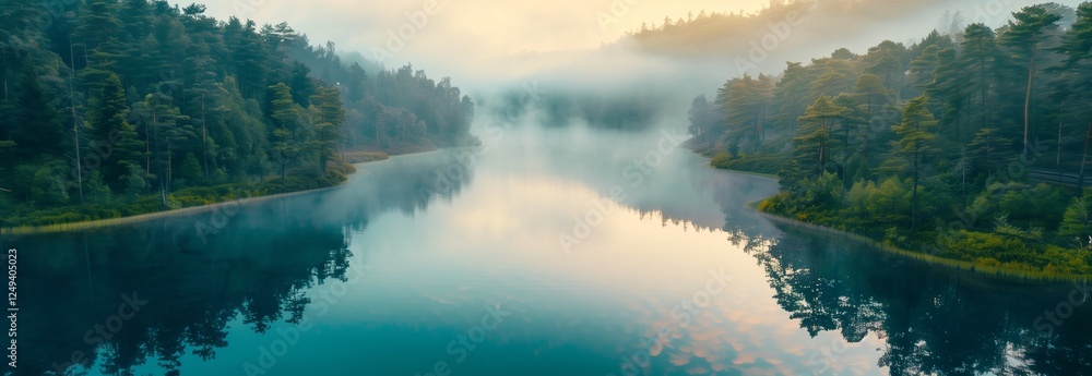 A serene morning landscape with a misty river and lush green trees reflecting in the water. A serene morning landscape with a misty river and lush green trees reflecting in the water.