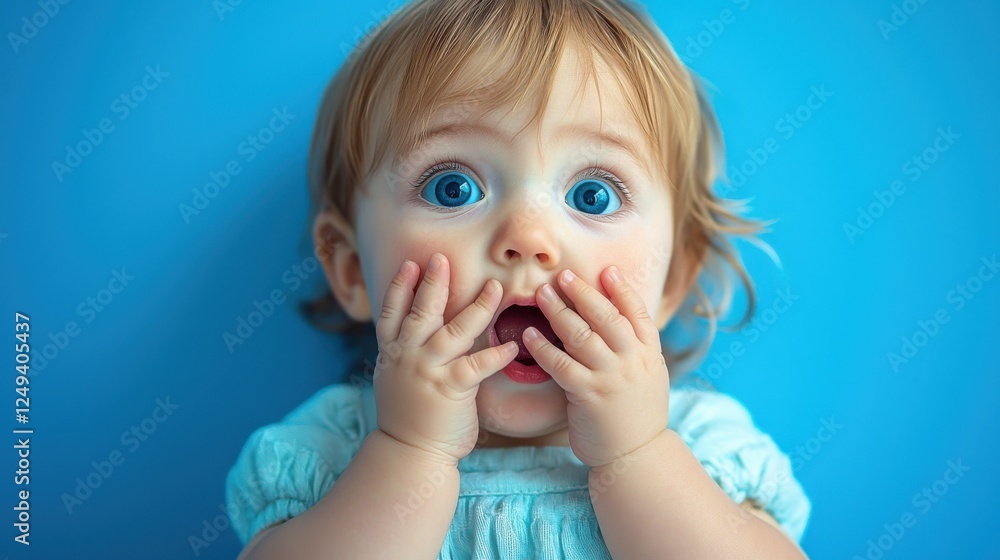 Baby girl with blue eyes smiling while sitting on a soft blanket indoors in natural light