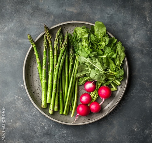 Fresh green vegetables and radishes arranged in a bowl for healthy meal prepa...