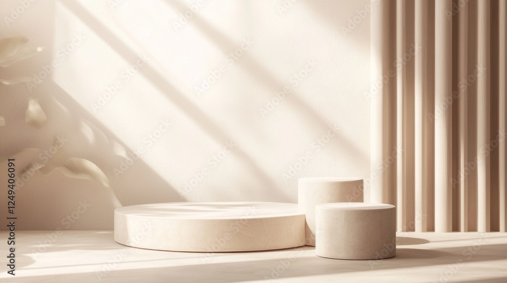 Creating a chic and sophisticated atmosphere, the geometric platforms serve as stages for cosmetic product displays in a softly lit beige studio, inviting attention and elegance Creating a chic and sophisticated atmosphere, the geometric platforms serve as stages for cosmetic product displays in a softly lit beige studio, inviting attention and elegance
