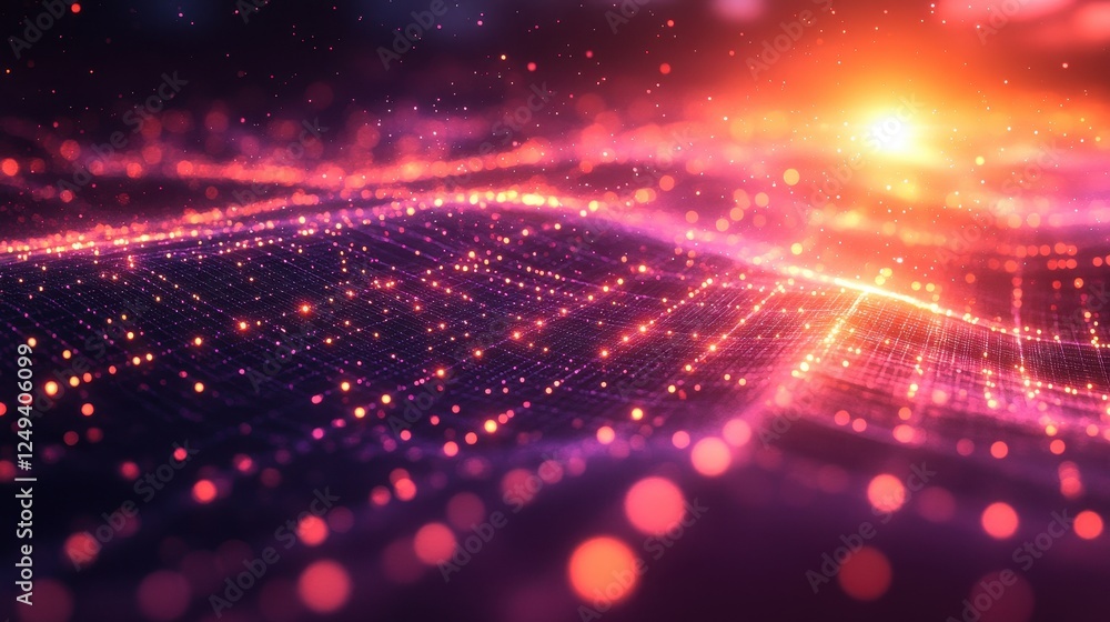 Abstract digital landscape, sunrise, glowing particles, technology background Abstract digital landscape, sunrise, glowing particles, technology background