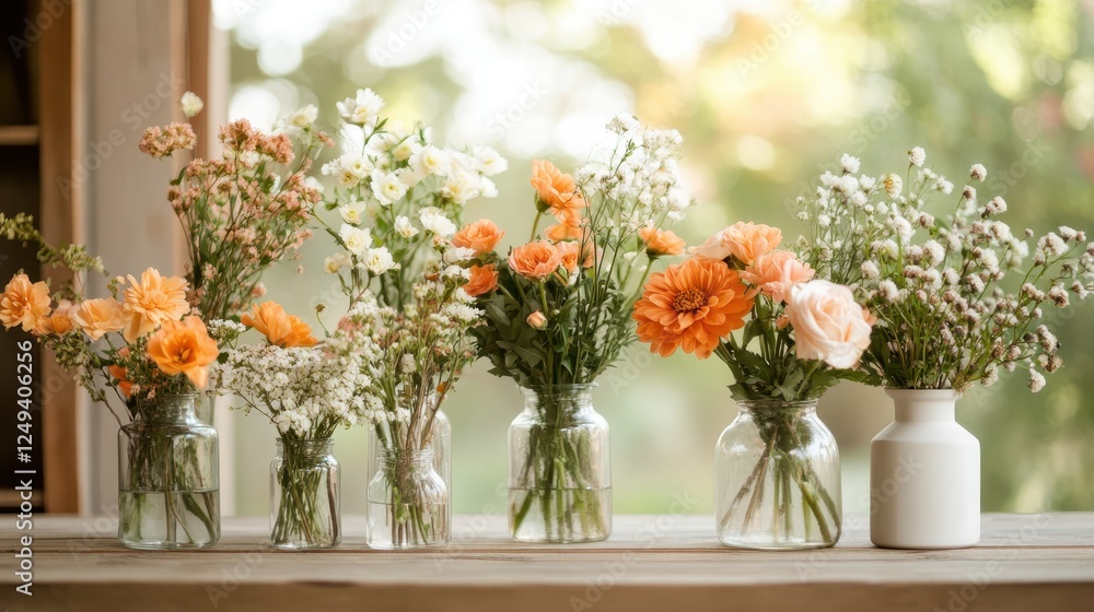A delightful collection of various flowers arranged in glass vases sits on a wooden counter, bringing life and color to the room with their vibrant blooms. A delightful collection of various flowers arranged in glass vases sits on a wooden counter, bringing life and color to the room with their vibrant blooms.