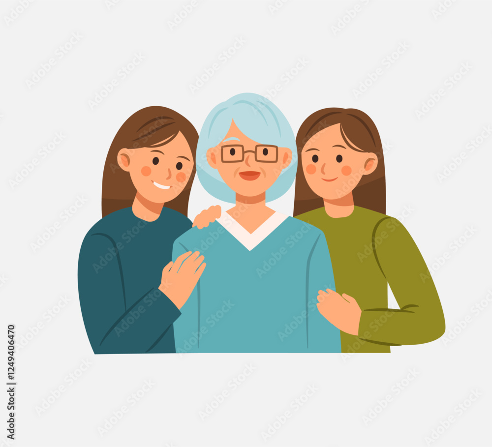 Fototapeta premium Grandmother with Two Loving Granddaughters Illustration