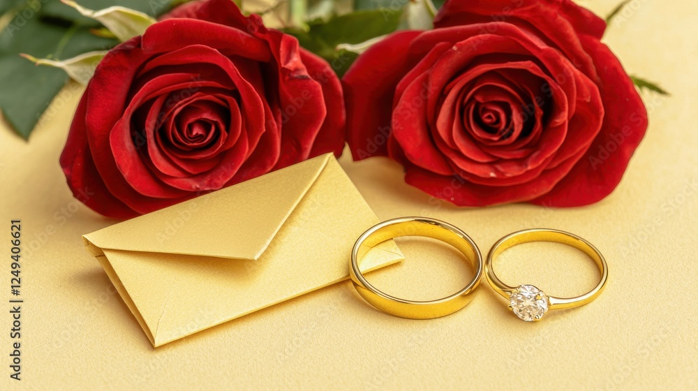 Elegant Wedding Rings with Red Roses and Golden Envelope Arrangement Elegant Wedding Rings with Red Roses and Golden Envelope Arrangement