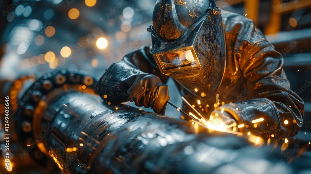 A skilled worker welding a metal pipe, showcasing sparks and precision in action. A skilled worker welding a metal pipe, showcasing sparks and precision in action.