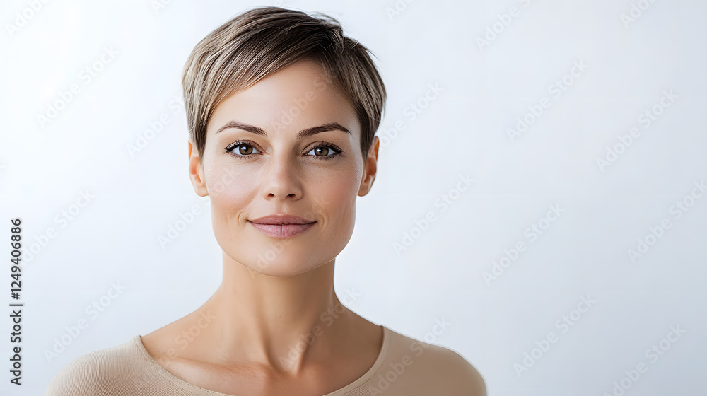 A confident short-haired woman in a minimalist outfit. A confident short-haired woman in a minimalist outfit.