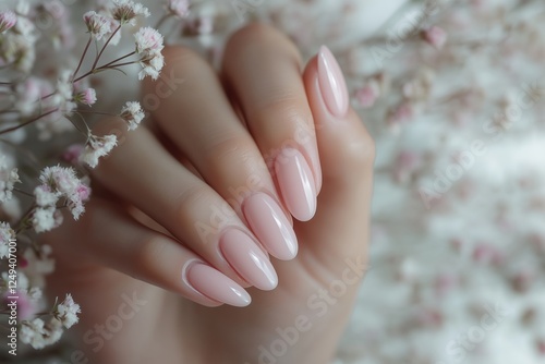 Elegant manicure against a background of airy white flowers.