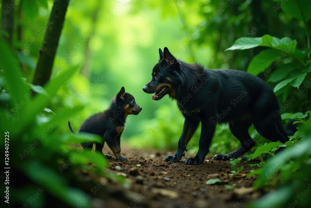 Aulador mother with her pup exploring the dense undergrowth of the tropical rainforest, aullator, photography, wildlife Aulador mother with her pup exploring the dense undergrowth of the tropical rainforest, aullator, photography, wildlife