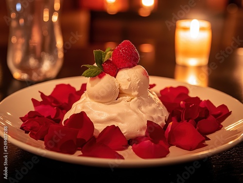 Delightful Passion Fruit Pavlova and Coconut Ice Cream Romantic Dessert for Valentine's Day Intimate Dining Gourmet Treat photo