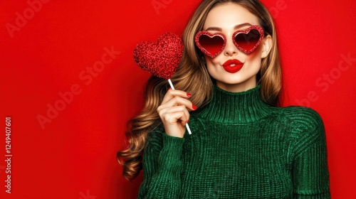 Young Woman with Heart-Shaped Glasses and Red Heart Lollipop