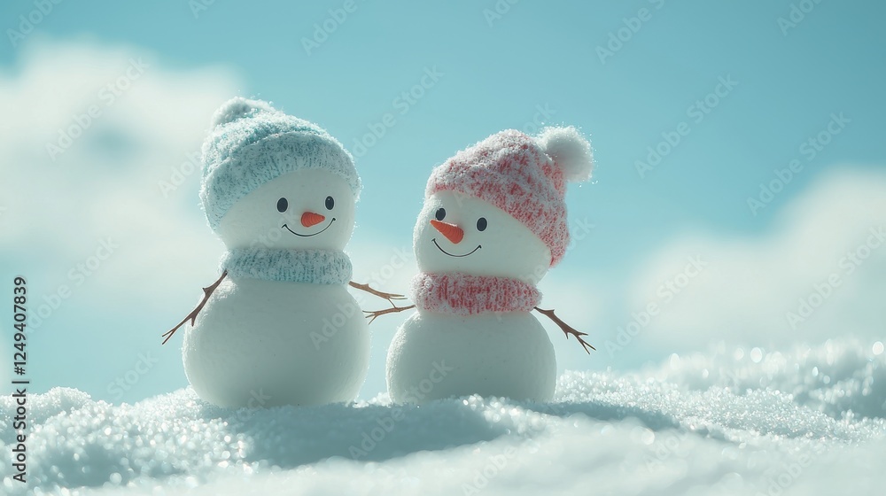Two snowmen standing in a snowy landscape during winter season with clear blue sky Two snowmen standing in a snowy landscape during winter season with clear blue sky