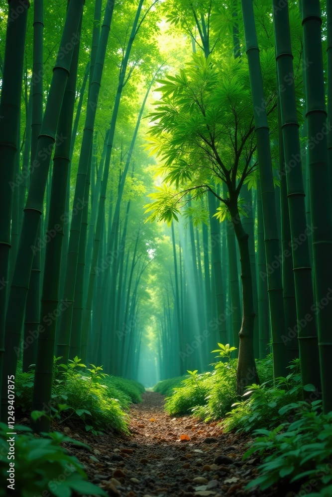 Obraz premium Bamboo forest with a solitary tree in the foreground, calmness, solitude, plant life