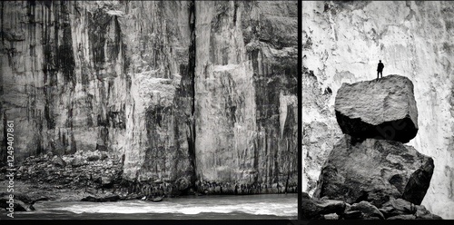 Solitary figure atop balanced rocks within a grand canyon photo