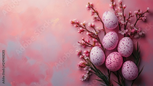Colorful Easter eggs arranged with spring flowers on a soft pink background