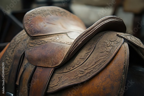 Intricately designed leather horse saddle rests upon a dark horse photo