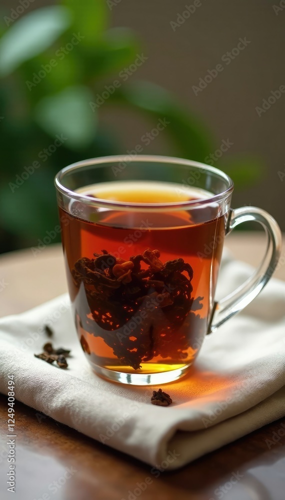 Delicate black tea leaves float in a glass cup on a soft napkin, gentle, glass Delicate black tea leaves float in a glass cup on a soft napkin, gentle, glass