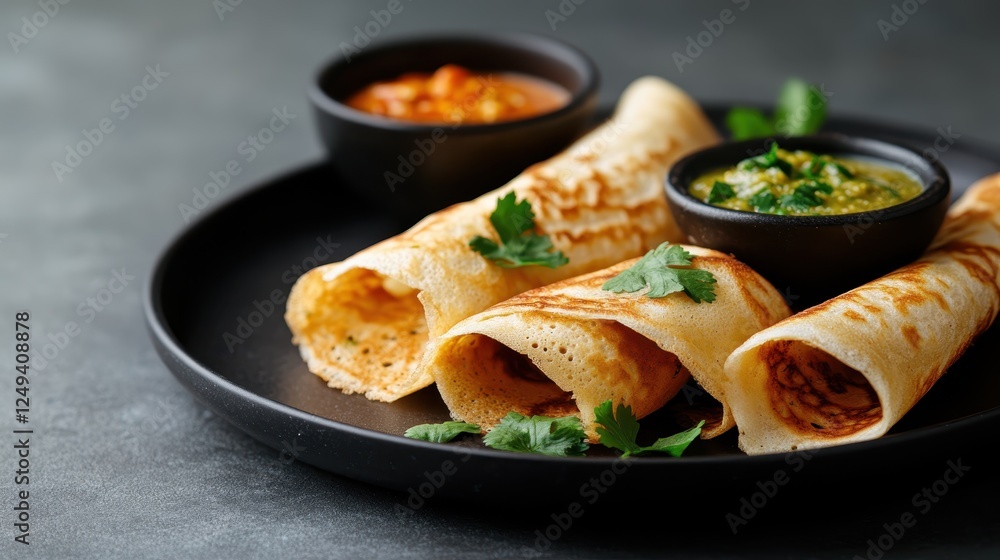 This captivating image displays classic flatbreads elegantly arranged with multiple dipping sauces, highlighting traditional Indian flavors, perfect for culinary enjoyment. This captivating image displays classic flatbreads elegantly arranged with multiple dipping sauces, highlighting traditional Indian flavors, perfect for culinary enjoyment.