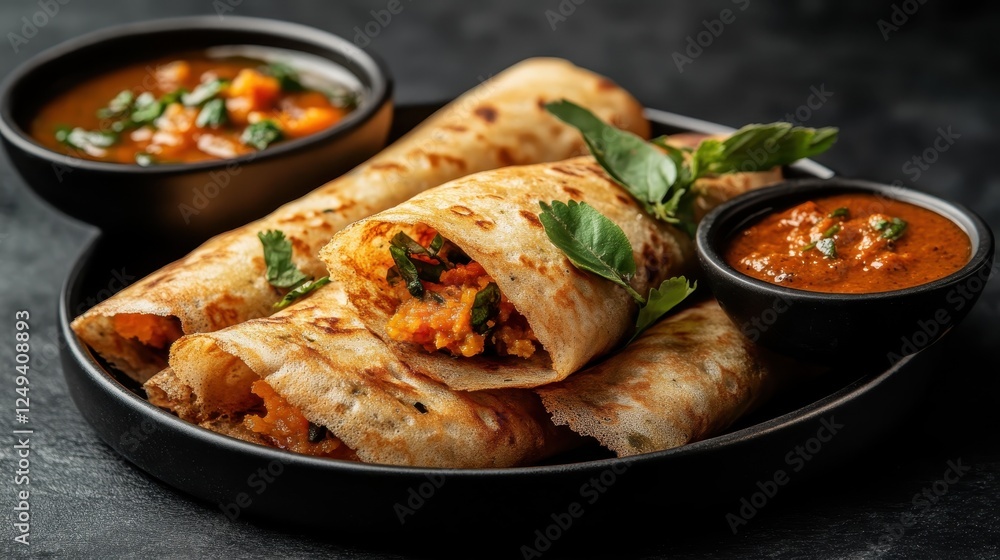 A beautifully arranged plate of stuffed flatbreads with a variety of colorful sauces, emphasizing the artistry and flavor of Indian cuisine, ideal for food photography. A beautifully arranged plate of stuffed flatbreads with a variety of colorful sauces, emphasizing the artistry and flavor of Indian cuisine, ideal for food photography.