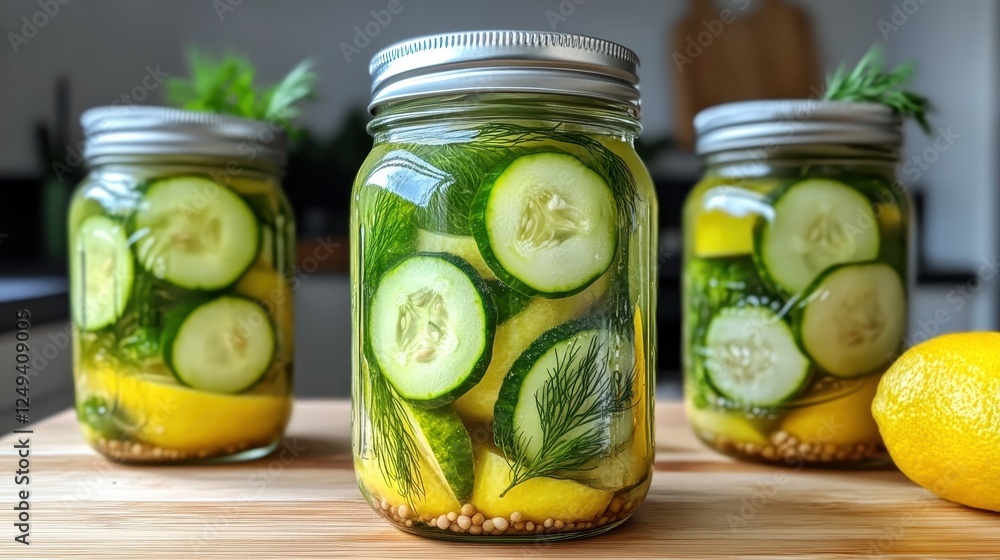This image showcases jars of pickled cucumbers, beautifully layered with fresh herbs, adding a vibrant touch to any kitchen shelf or food-themed collection. This image showcases jars of pickled cucumbers, beautifully layered with fresh herbs, adding a vibrant touch to any kitchen shelf or food-themed collection.