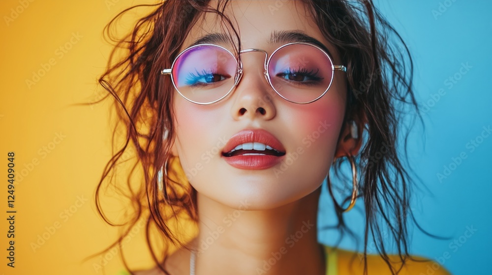 Stylish young woman poses against colorful background while wearing round glasses Stylish young woman poses against colorful background while wearing round glasses