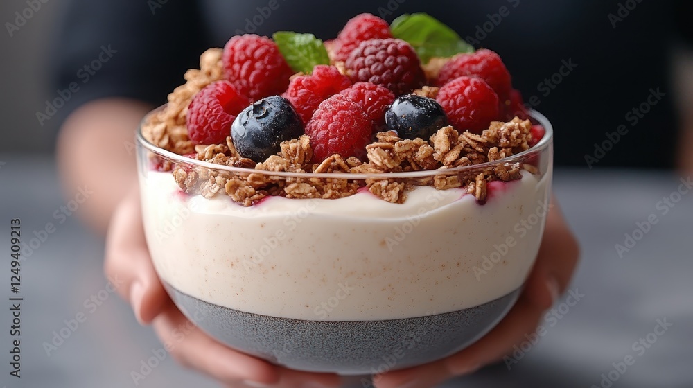 A tempting yogurt parfait layered with fresh berries and crunchy granola, emphasizing the harmony of flavors and textures for a deliciously nutritious treat. A tempting yogurt parfait layered with fresh berries and crunchy granola, emphasizing the harmony of flavors and textures for a deliciously nutritious treat.