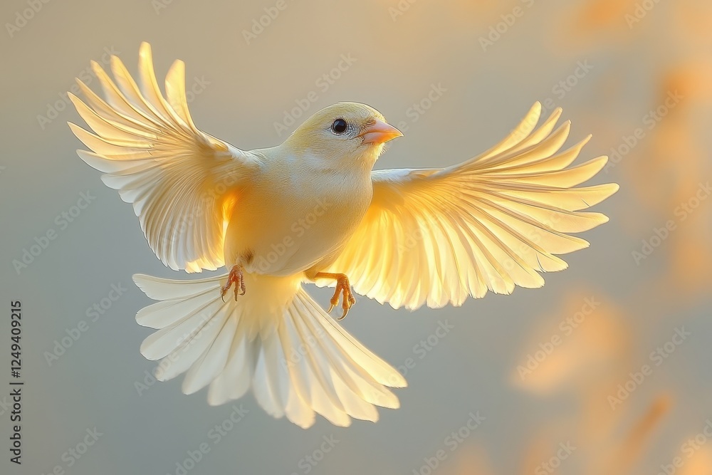 Fototapeta premium A delicate yellow bird in mid-flight, showcasing its vibrant feathers.