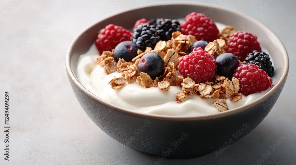 An appealing bowl of yogurt adorned with a variety of fresh berries and granola, creating a delightful visual feast that embodies health and indulgence in every bite. An appealing bowl of yogurt adorned with a variety of fresh berries and granola, creating a delightful visual feast that embodies health and indulgence in every bite.