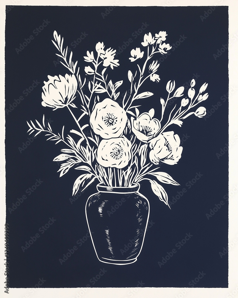Elegant Flower Arrangement in a Dark Vase Surrounded by Various Blossoms on a Contrasting Background