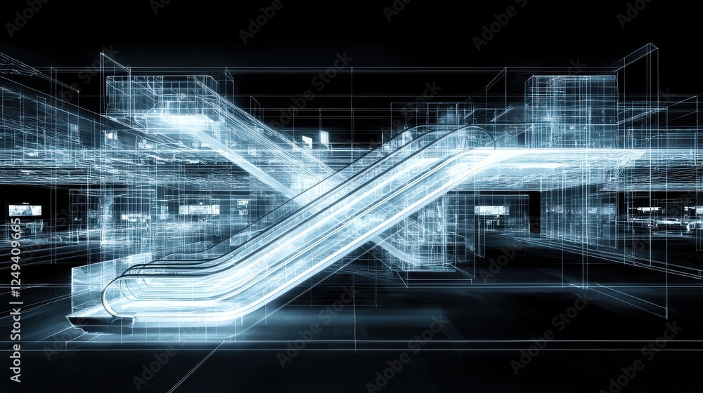 Fototapeta premium Abstract digital illustration of intersecting escalators, glowing white lines against a dark background, architectural shapes and building elements.