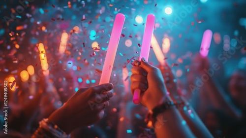 Colorful celebration with glowing sticks and confetti at a lively party atmos...