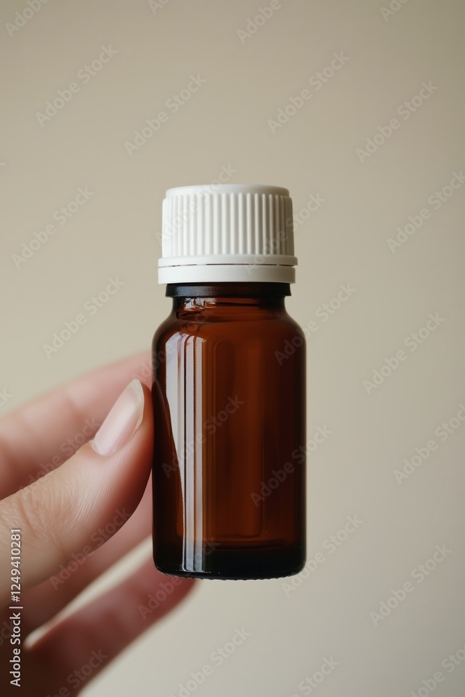 Hand holding amber glass essential oil bottle with white ribbed cap Hand holding amber glass essential oil bottle with white ribbed cap